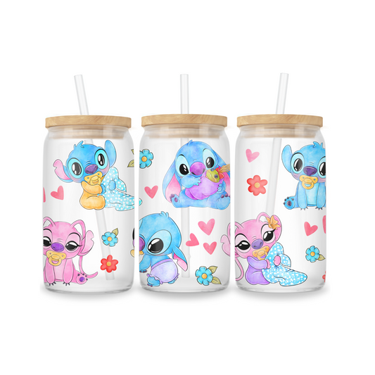 Glass Iced Coffee Cup 16oz - Stitch Baby