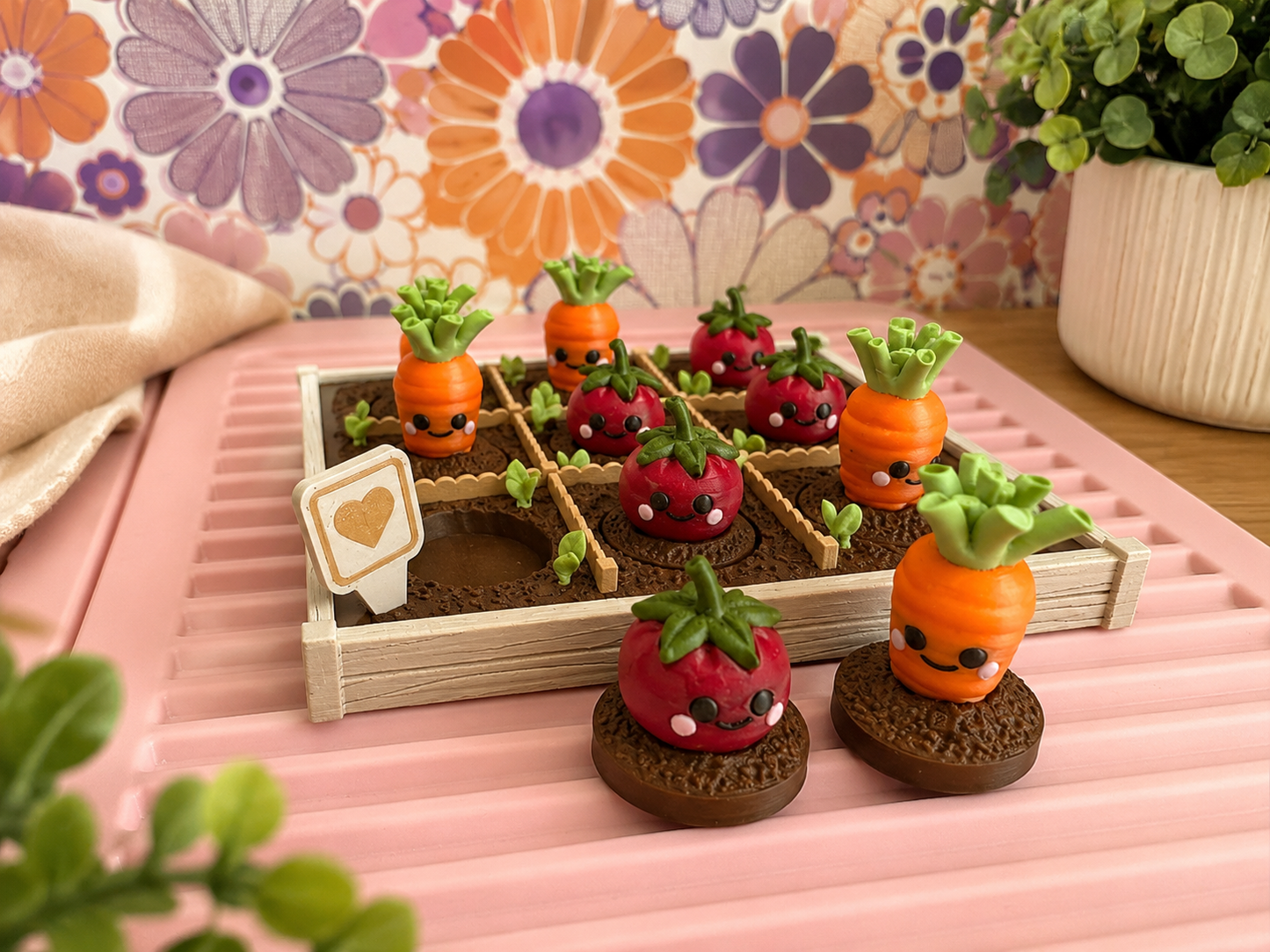 Kawaii Garden Tic Tac Toe – 3D Geprint Moestuinspel met Worteltjes & Aardbeitjes 🍓🥕