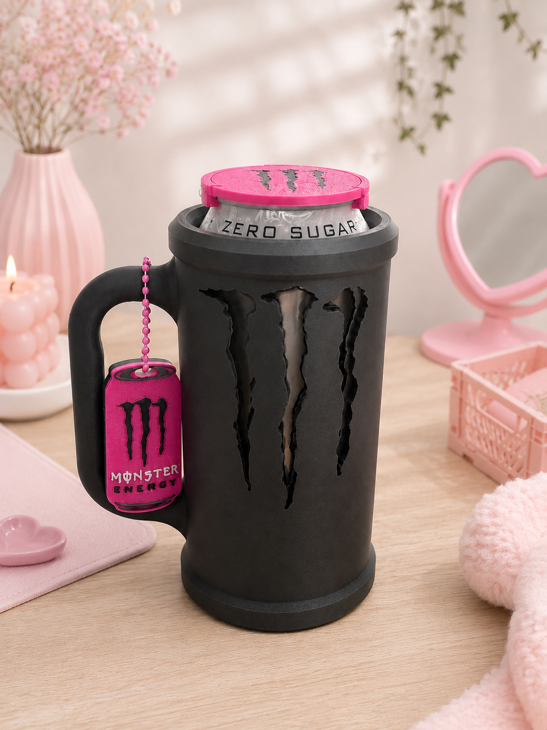 3D Geprinte Monster 500ML Set – Houder, Deksel & Opener | Zwart/Roze