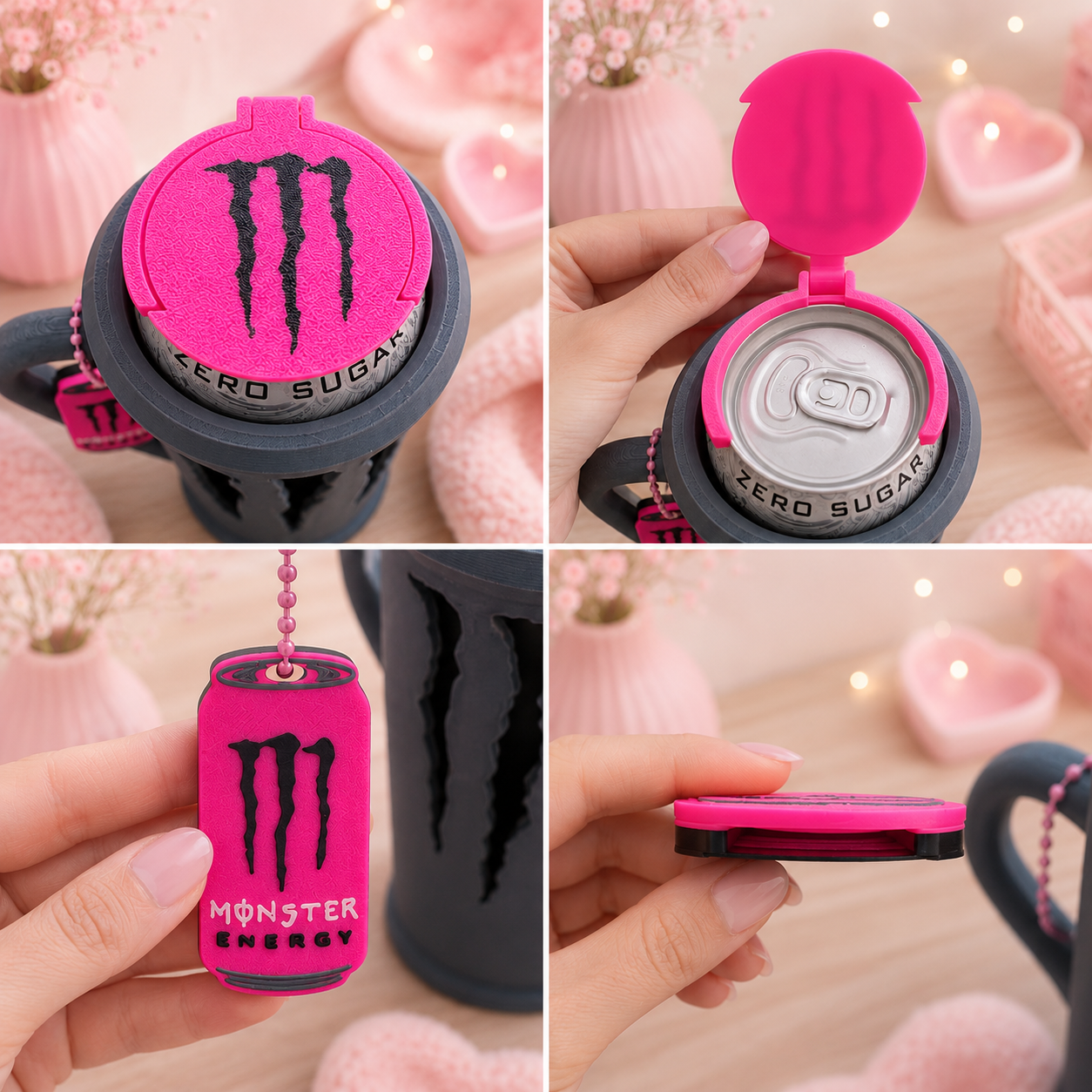 3D Geprinte Monster 500ML Set – Houder, Deksel & Opener | Zwart/Roze