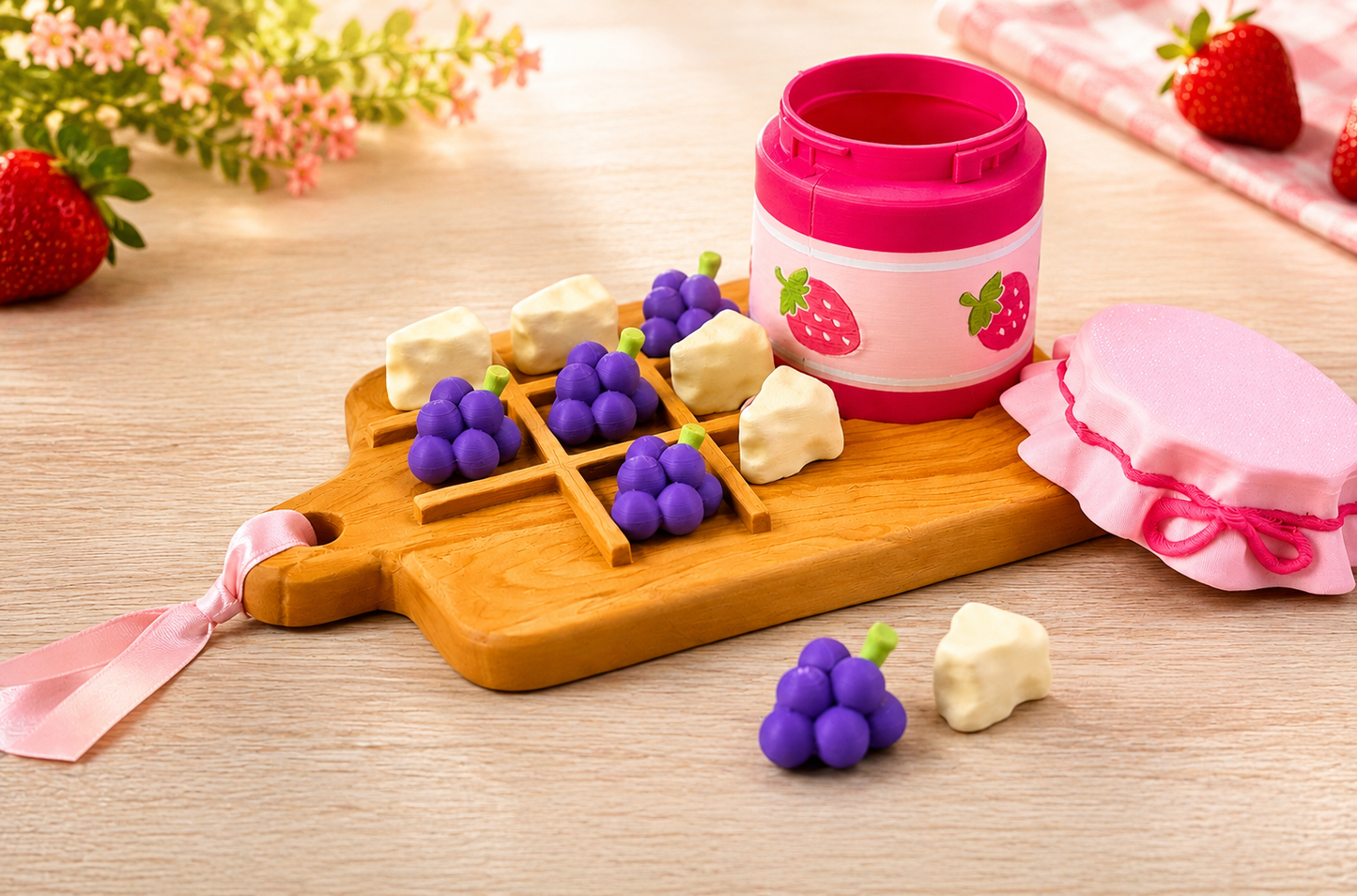 3D-gedrucktes Tic-Tac-Toe-Spiel – Servierbrett mit Marmeladenglas-Aufbewahrungsdose