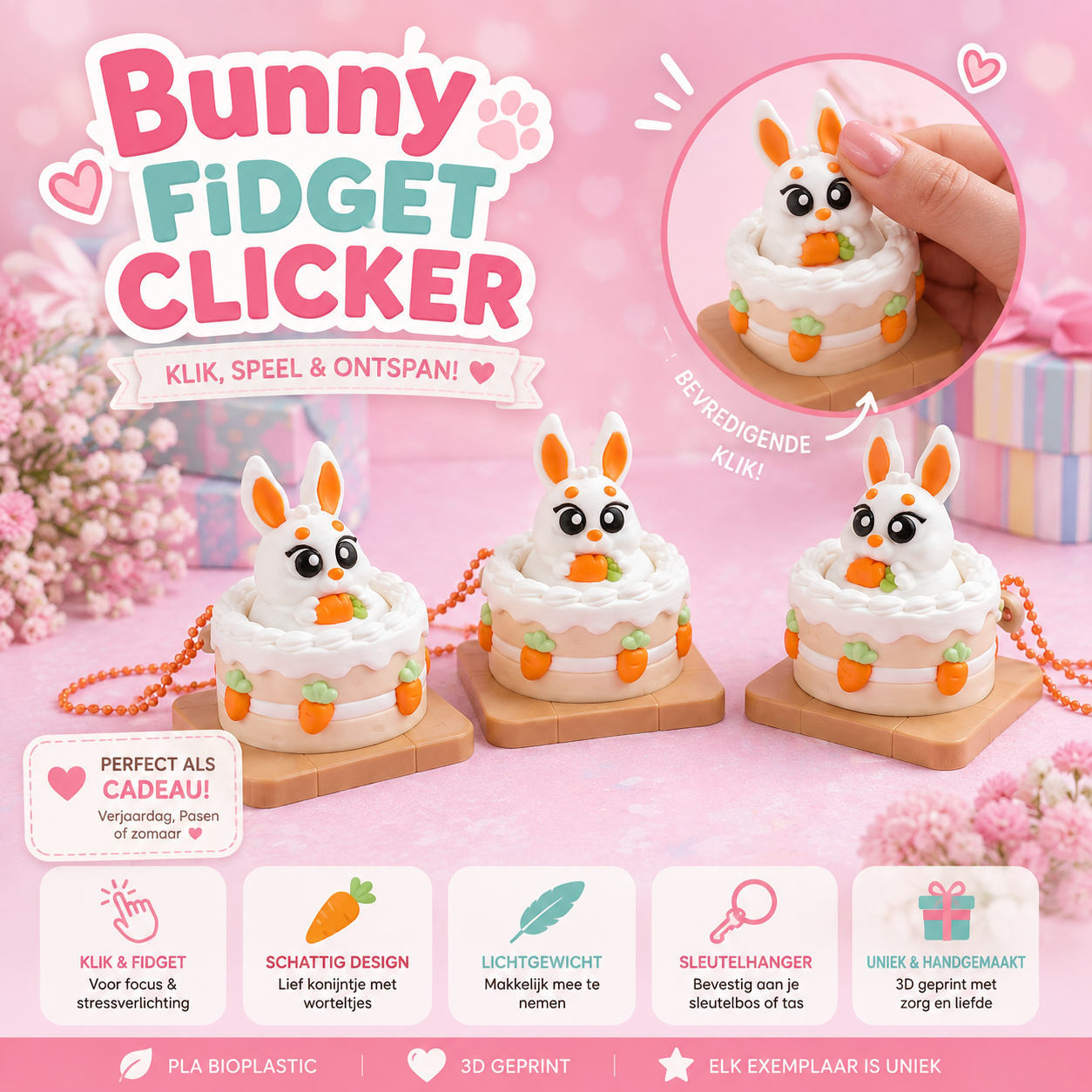 Bunny Fidget Clicker Keychain | Cute 3D Print
