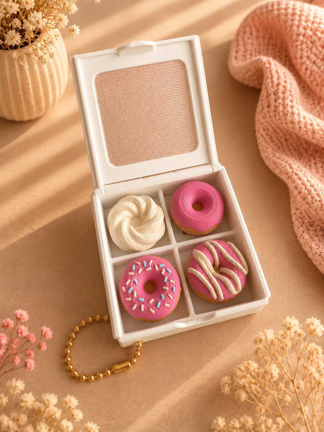 3D Geprint Donut Doosje met 4 Clickers & Keychain