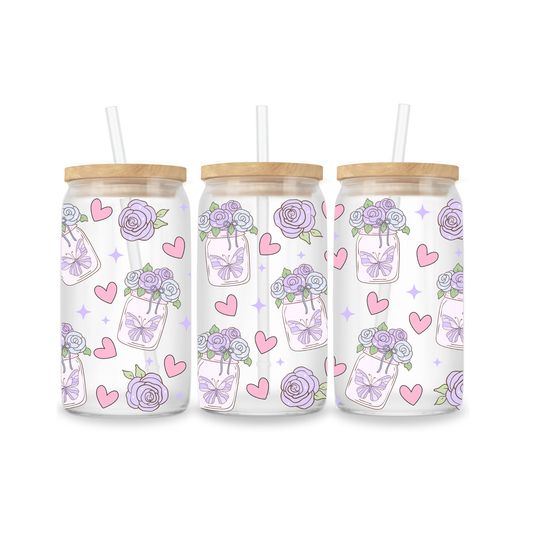 Glass Iced Coffee Cup 16oz - Purple Roses