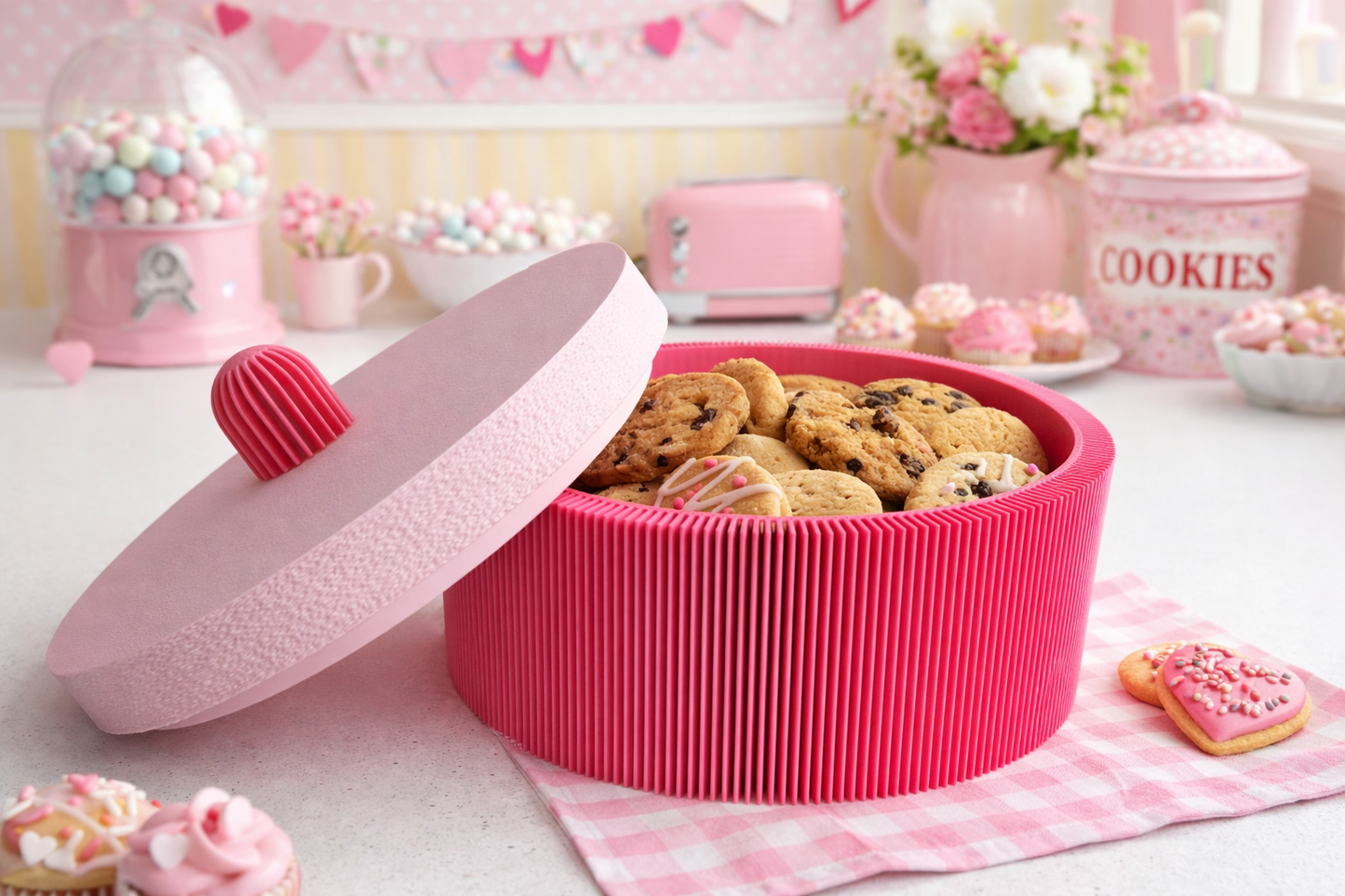 Roze 3D-geprinte Koektrommel – Design Opbergpot met Deksel (22 cm)