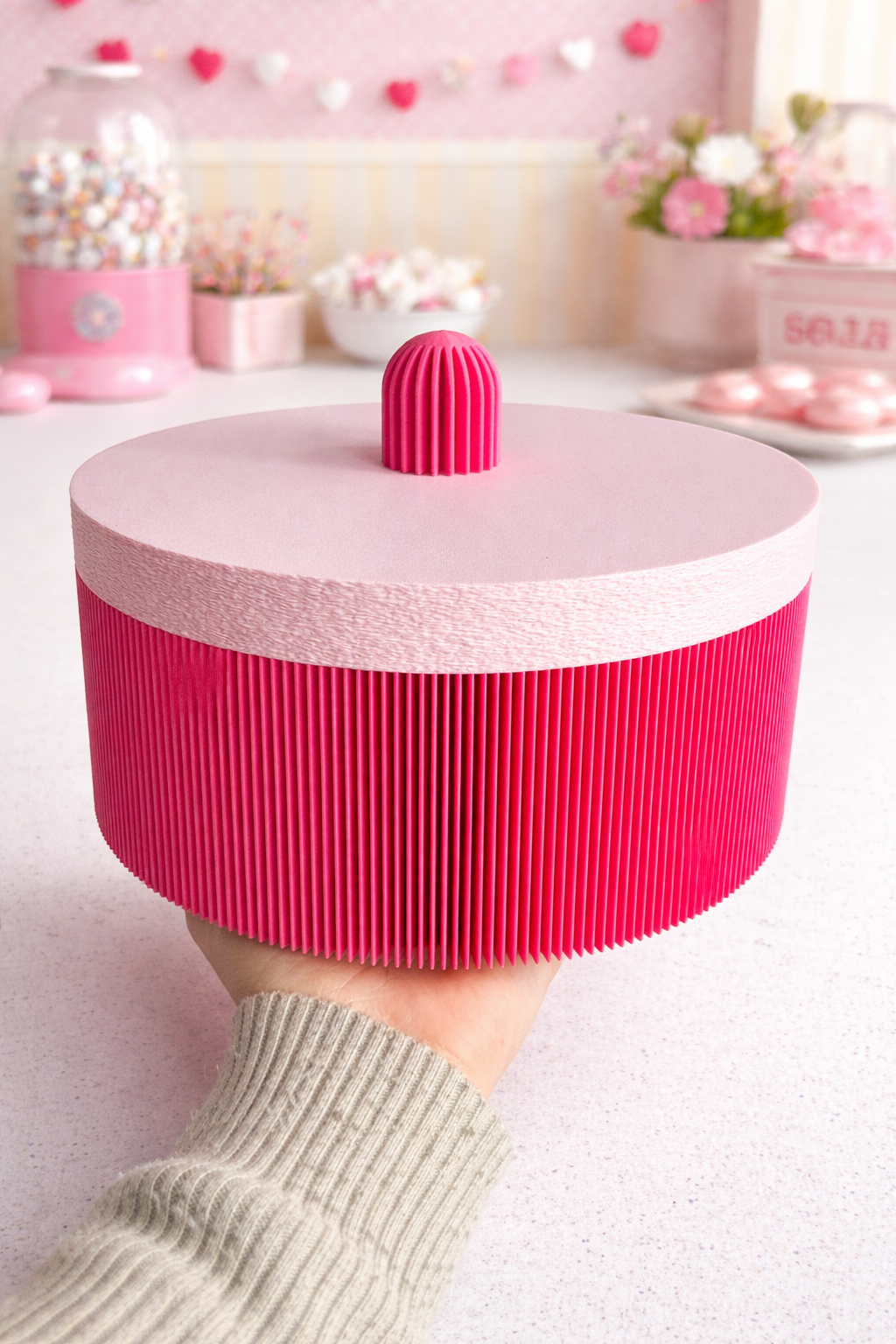 Roze 3D-geprinte Koektrommel – Design Opbergpot met Deksel (22 cm)