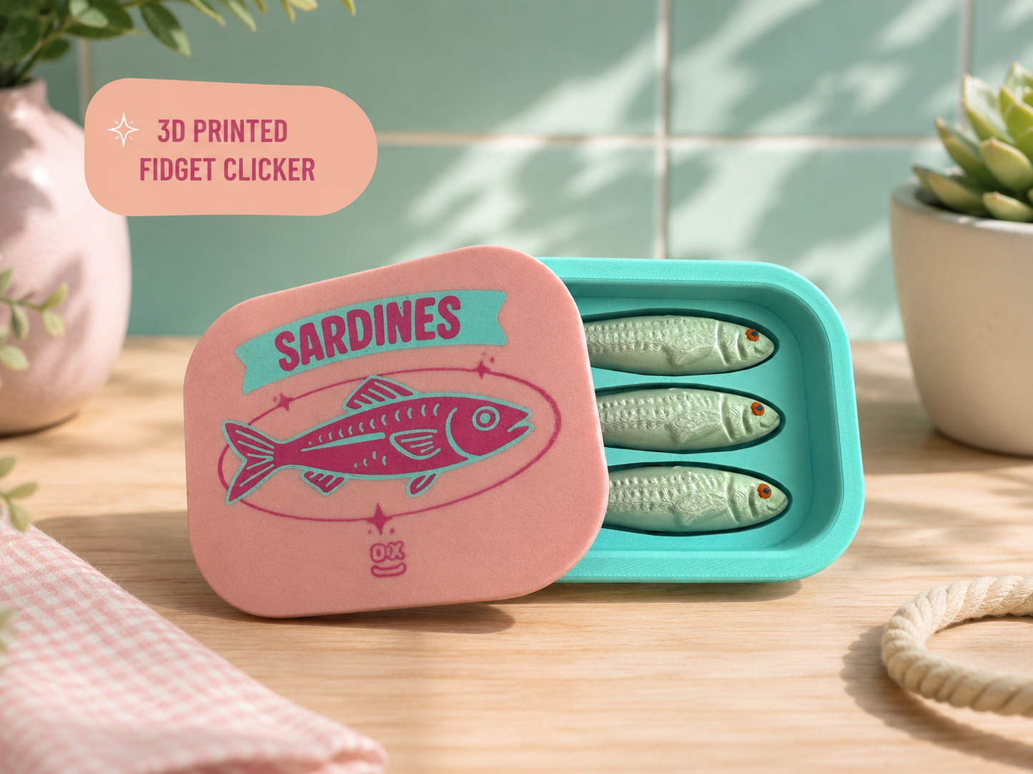 Sardines Fidget Clicker – 3D Geprinte Sardineblik Klikspeeltje met 3 Clickers