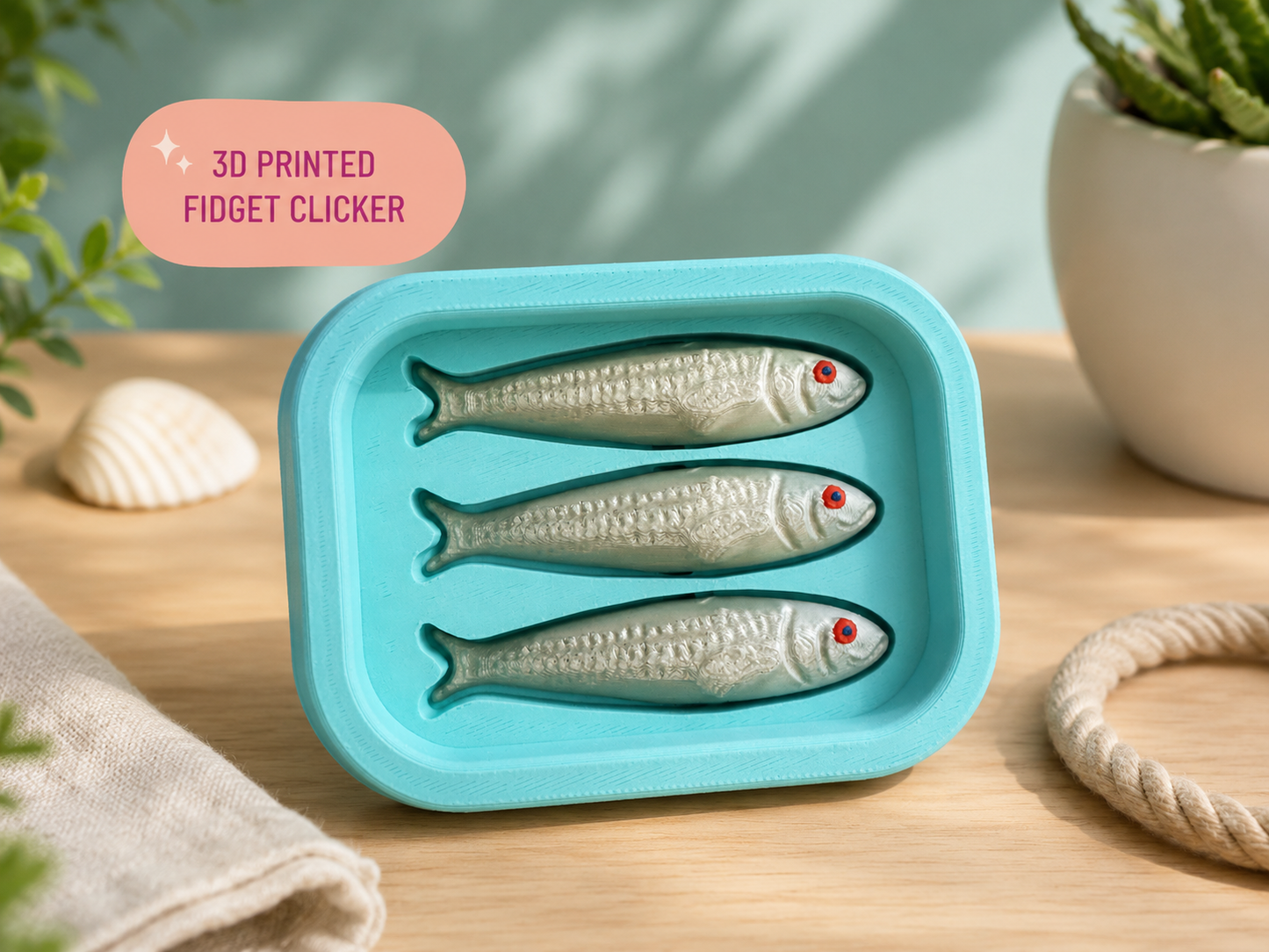 Sardines Fidget Clicker – 3D Geprinte Sardineblik Klikspeeltje met 3 Clickers