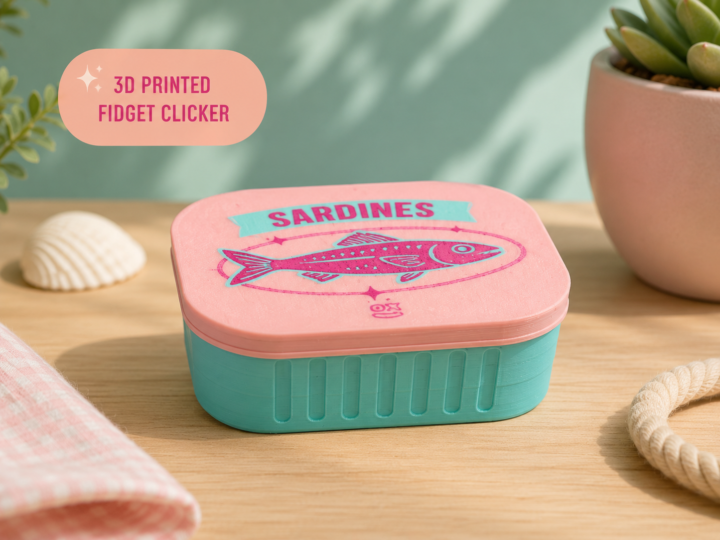 Sardines Fidget Clicker – 3D Geprinte Sardineblik Klikspeeltje met 3 Clickers